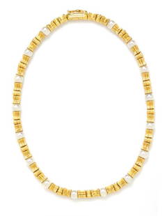 An 18 Karat Yellow Gold and Cultured Pearl Necklace,: An 18 Karat Yellow Gold and Cultured Pearl Necklace, Ilias Lalaounis, containing 16 pearls measuring approximately 7.52-7.73 mm in diameter alternating with yellow gold fluted concave and fluted round