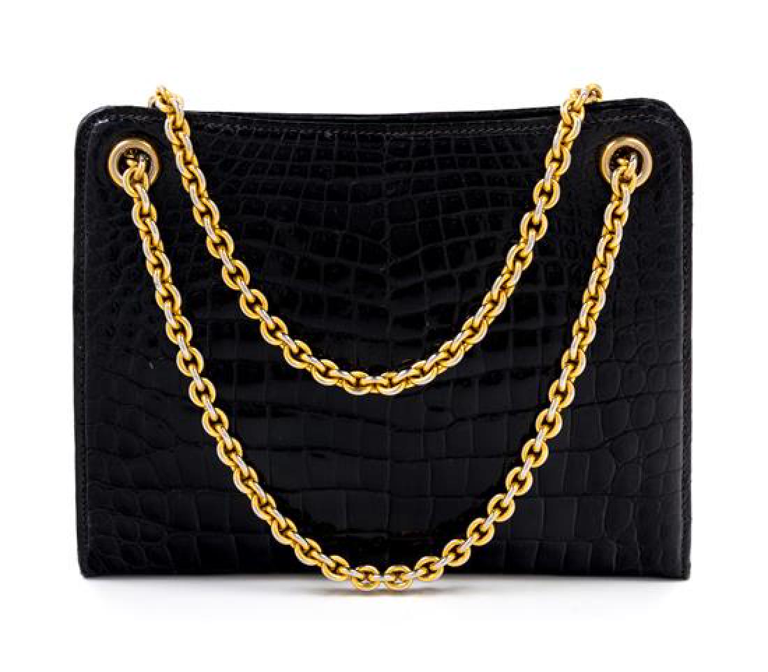 A Gucci Black Crocodile Handbag, 9.5" x 7.5" x 2.5"; (1 of 3)