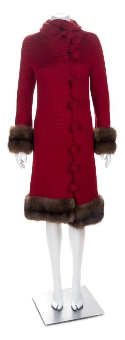 An Oscar de la Renta Red Knit Coat with Sable Trim, (1 of 2)