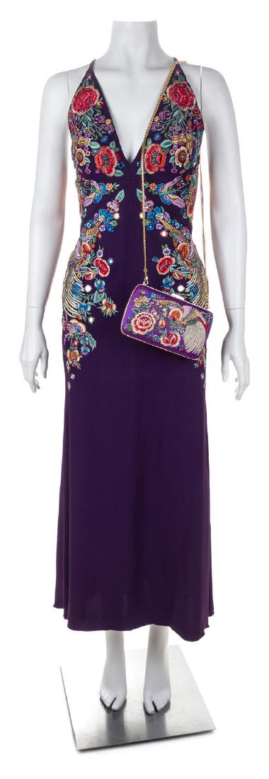 A Roberto Cavalli Purple Floral Embellished Halter: A Roberto Cavalli Purple Floral Embellished Halter Gown, with a plunge neckline, a straight silhouette, crisscross back straps and a back zip closure; together with a matching purple silk embroidered