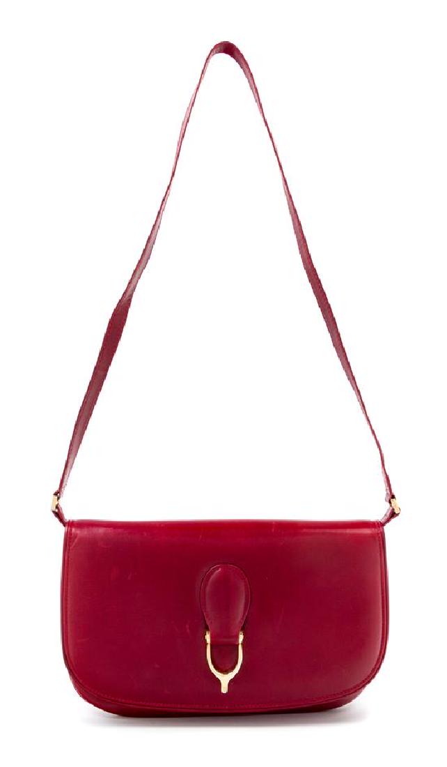A Gucci Red Leather Flap Handbag, 10.5: x 7" x 1"; (1 of 3)