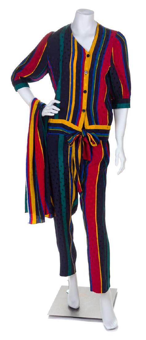 * A Givenchy Multicolor Silk Jacquard Three Piece Pant: * A Givenchy Multicolor Silk Jacquard Three Piece Pant Ensemble, comprised of a blouse with cuff sleeves, an asymmetric V-neckline, button front closure and a self-tie at the hip; together with a matc