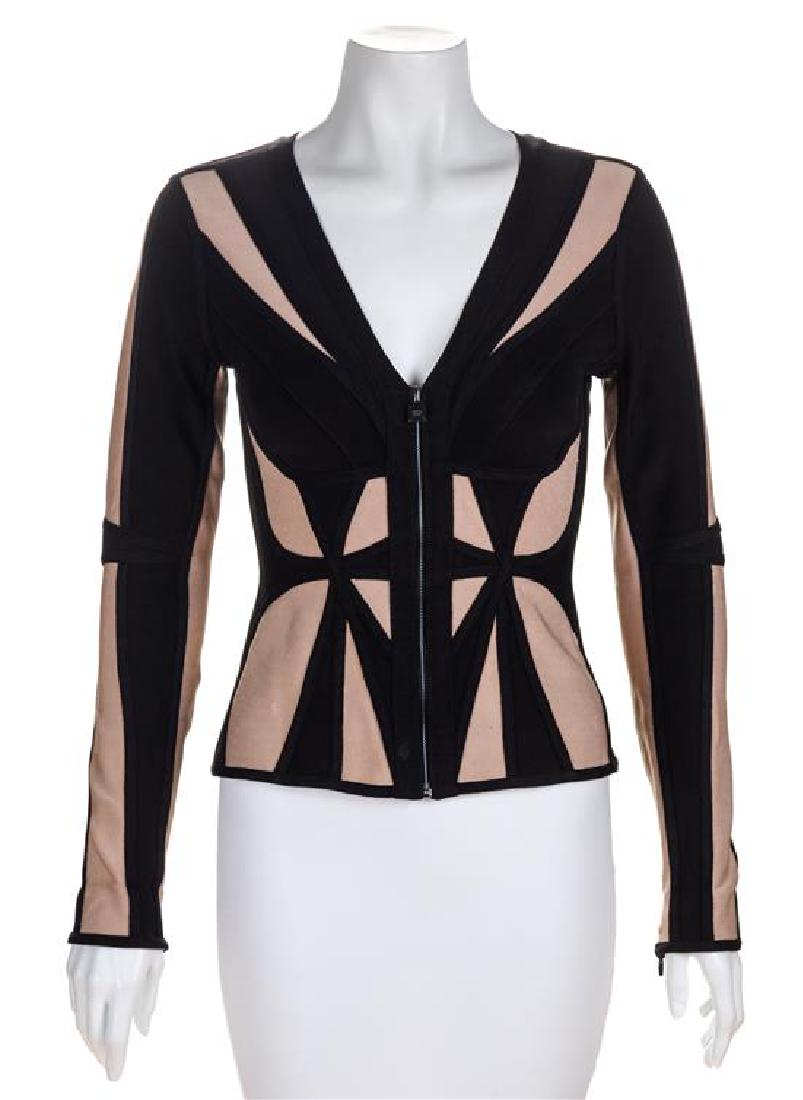 An Herve Leger Black and Tan Body Con Jacket, Size: An Herve Leger Black and Tan Body Con Jacket, with a plunging neckline and a zip closure at the sleeve hem and front. Labeled: Herve Leger. Size small. Estimate $80-120 Property From The Estate of Bok
