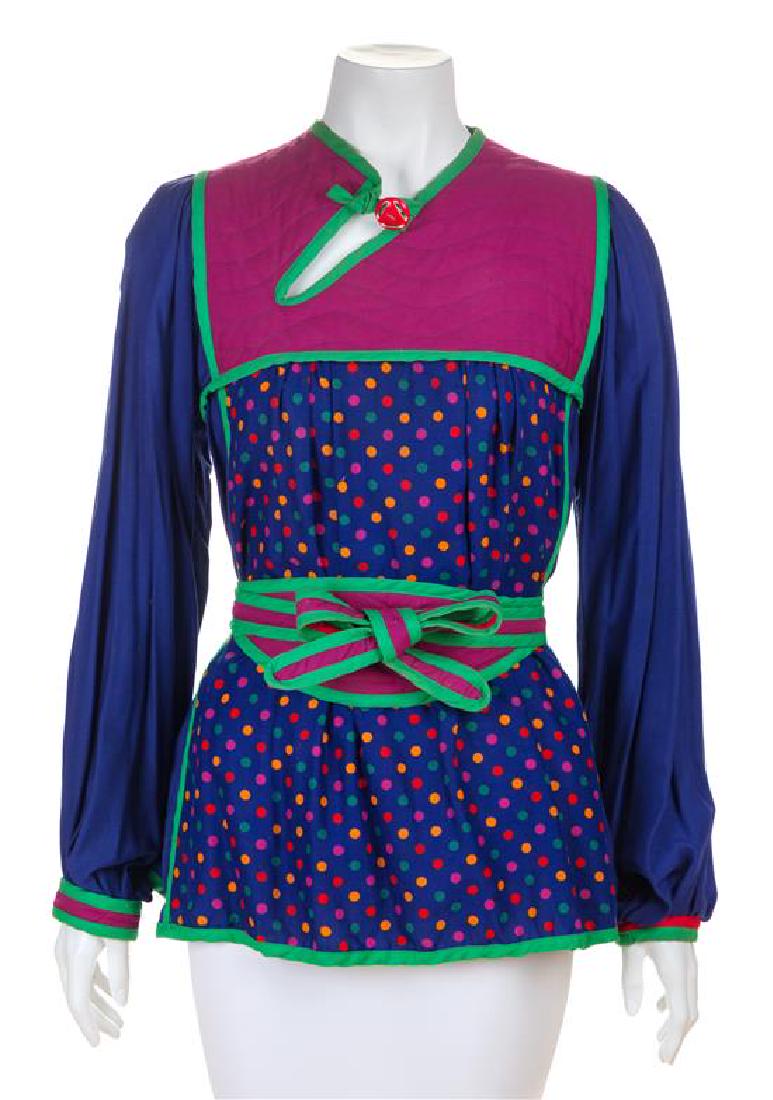 * A Jeanne-Marc Multicolor Cotton Top, No size.: * A Jeanne-Marc Multicolor Cotton Top, with a quilted yolk, decorative green trim and a coordinating self tie obi belt. Labeled: Jeanne-Marc. No size. Estimate $100-200 Property from the Estate of Mrs