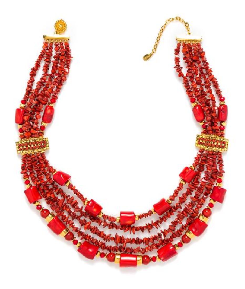 * A Barrera Coral Multistrand Choker, Shortest strand:: * A Barrera Coral Multistrand Choker, goldtone with barrel beads, coral chips and an adjustable hook closure. Stamped: Barrera. Shortest strand: 17" -20". Estimate $150-250 Property from the Estate of