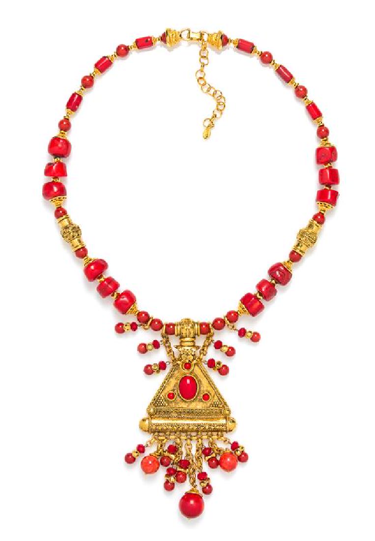 * A Barrera Coral Bead Arabian Inspired Pendant: * A Barrera Coral Bead Arabian Inspired Pendant Necklace, goldtone with an adjustable clasp closure. Stamped: Barrera. 24" -27" length; Pendant: 2.5" x 5.5". Estimate $200-300 Property from the Estate