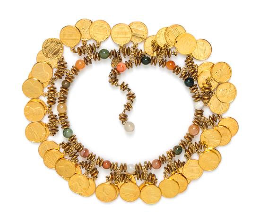 A Miriam Haskell Penny Choker, 14"- 16" x 1.25".: A Miriam Haskell Penny Choker, goldtone with agate stones and an adjustable hook closure. Stamped: Miriam Haskell. 14"- 16" x 1.25". Estimate $100-150 Overall very good condition. Slight tarnish on go