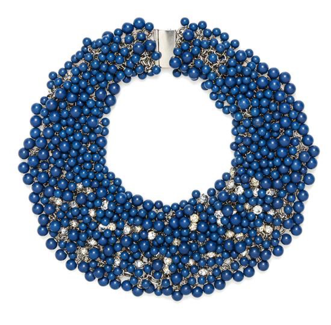 * A Blue Bead Chainmail Choker, Length: 17.5"; Width:: * A Blue Bead Chainmail Choker, silvertone with clear rhinestones and a rectangular push clasp. Unstamped. Length: 17.5"; Width: 1.75"-2.75". Estimate $200-300 Property from the Estate of Mrs. Betty M