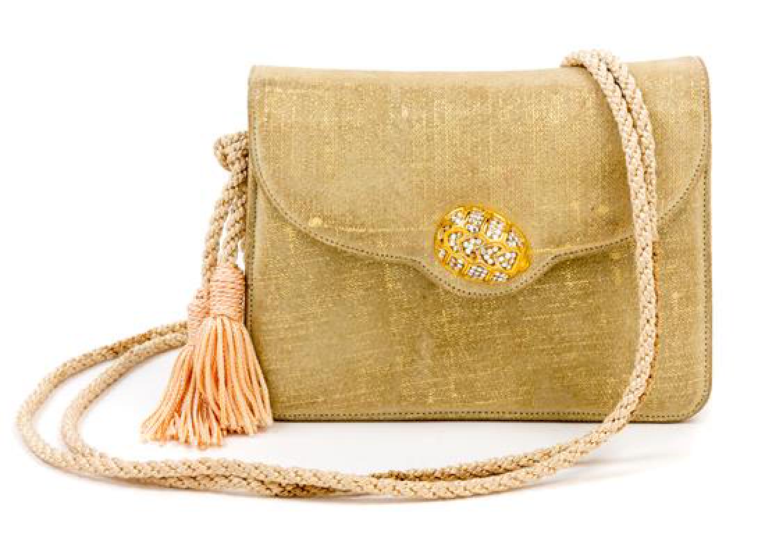 A Judith Leiber Gold Suede Evening Bag, 5.5" x 4.5" x (1 of 3)