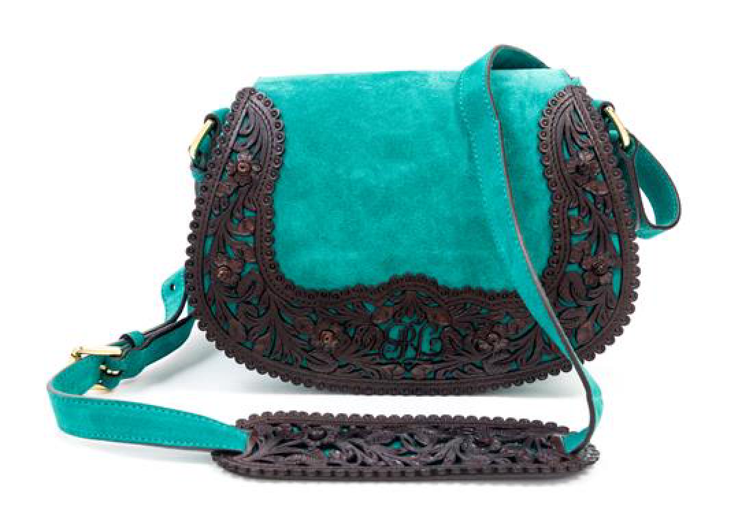 A Ralph Lauren Green Suede Flap Shoulder Bag, 9" x 7" x (1 of 3)