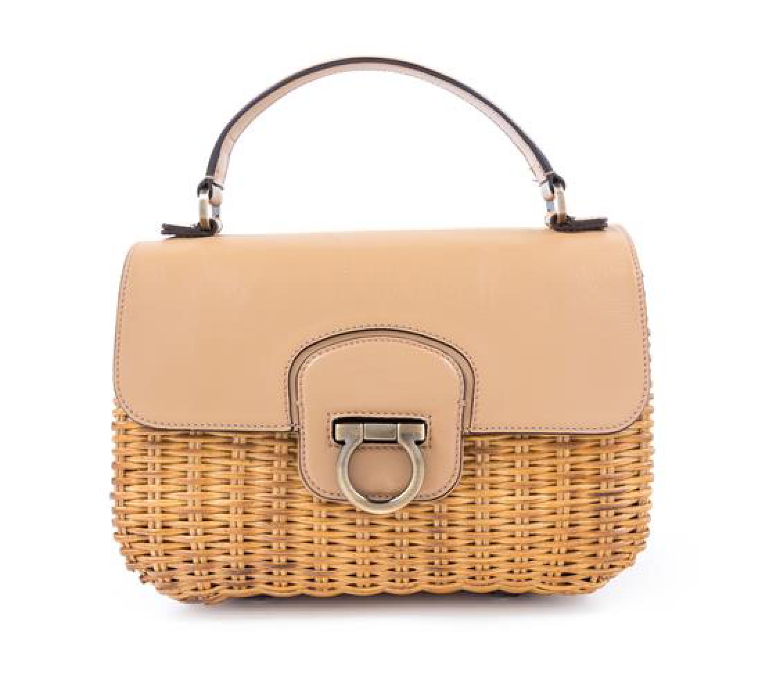 A Salvatore Ferragamo Tan Leather and Wicker Handbag, (1 of 3)