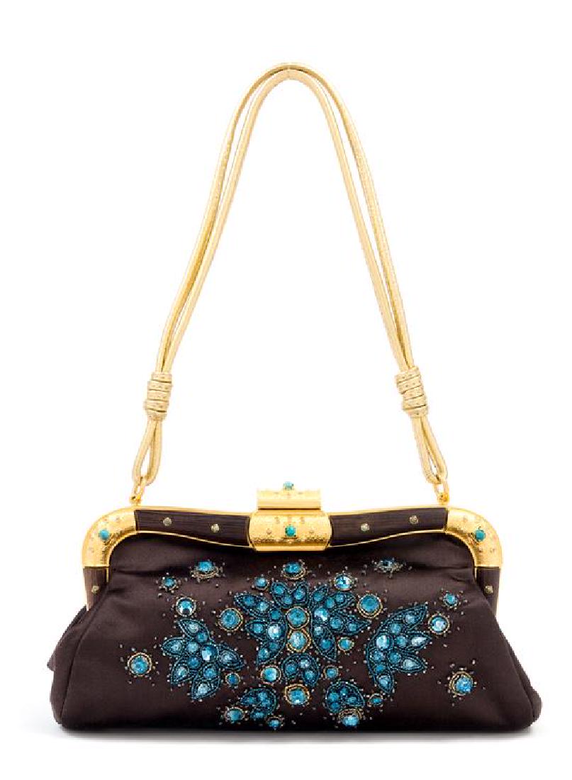 A Valentino Brown Silk Embroidered Bag, 10: x 6.5" x (1 of 3)