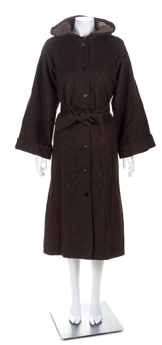 A Saint Laurent Brown Wool Hooded Coat, Size 38. (1 of 3)