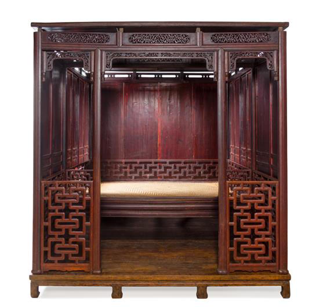 * A Large Chinese Hongmu Ten-Post Canopy Bed,: * A Large Chinese Hongmu Ten-Post Canopy Bed, Babuchuang late qing dynasty the wide rectangular mitered frame with a soft-mat sleeping surface, set above a plain straight apron on four square sectione
