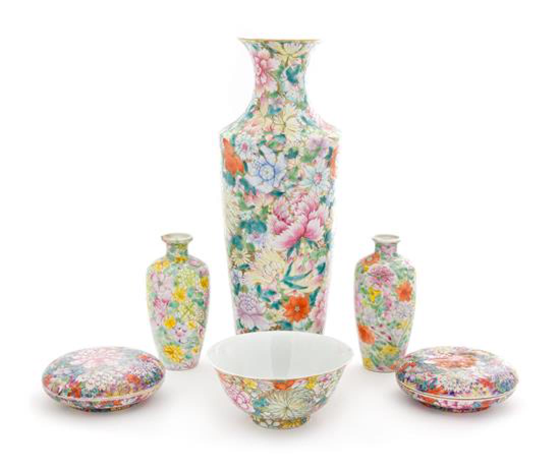 * Six Famille Rose 'Millefleur' Porcelain Articles (1 of 2)