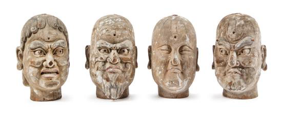 Four Carved Wood Heads of Luohan Height of each 30 (1 of 1)