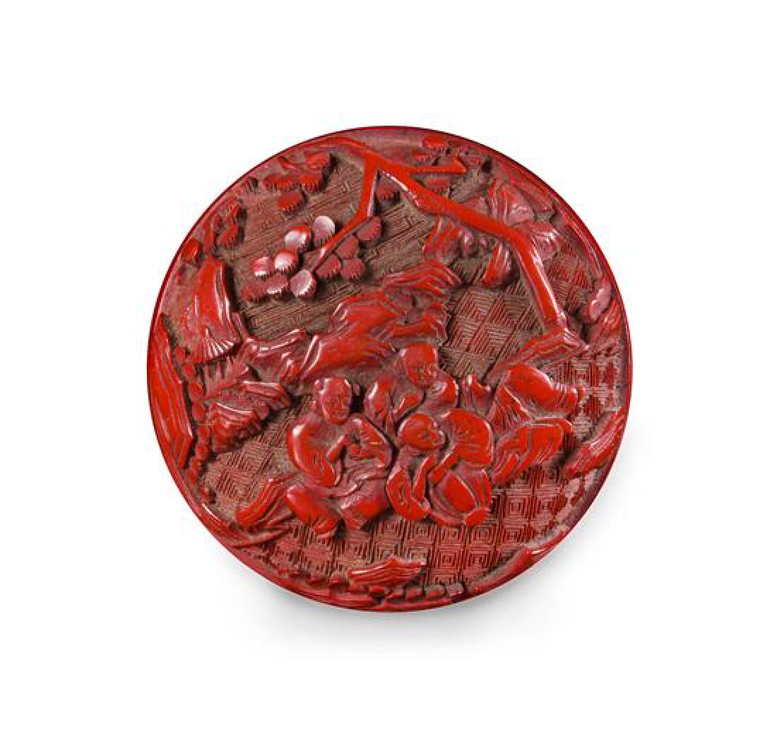 * A Small Carved Red Lacquer Circular Covered Box (1 of 3)