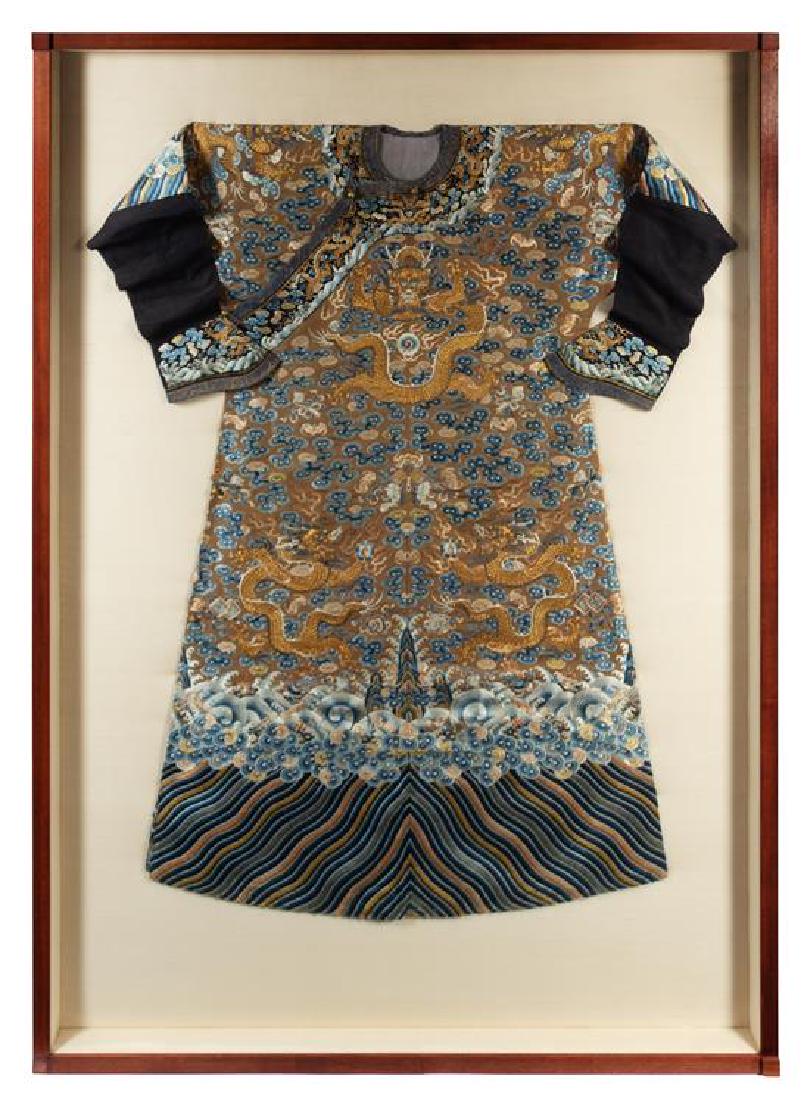 A Chinese Embroidered Silk Brown Ground Dragon Robe, (1 of 1)