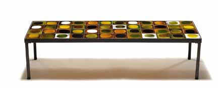 ROGER CAPRON, (FRENCH B. 1922), Coffee table: ROGER CAPRON (FRENCH B. 1922) Coffee table Mid 20th century, metal with inset tiles with various color galzes, signed R. Capron. H: 11 3/4, W: 47 1/2, D: 16 1/4 in.