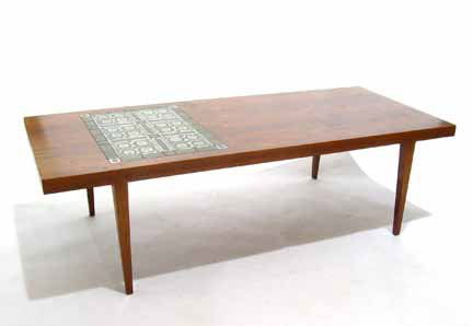 HASLEV, (DANISH), Coffee table: HASLEV (DANISH) Coffee table 1960s, rosewood with inset tiles, branded marks. H: 20, W: 67 3/4, D: 29 1/4 in.
