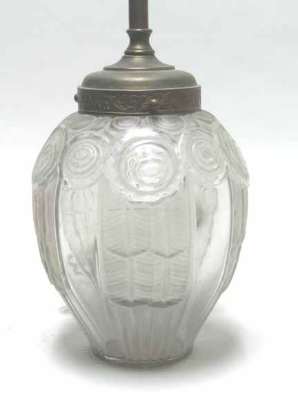 ANDRE HUNEBELLE, (FRENCH 1896-1985), Vase: ANDRE HUNEBELLE (FRENCH 1896-1985) Vase 1920s, now mounted as a lamp, the sides with stylized geometric decoration, molded signature. H: 8 1/4 in. (vase) H: 22 1/2 in. (overall)