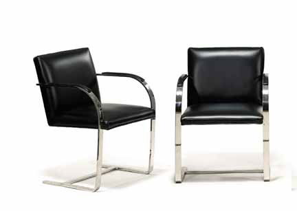 BRUETON, , Six armchairs chairs: BRUETON Six armchairs chairs Stainless steel and black leather. H: 31 1/2 in.