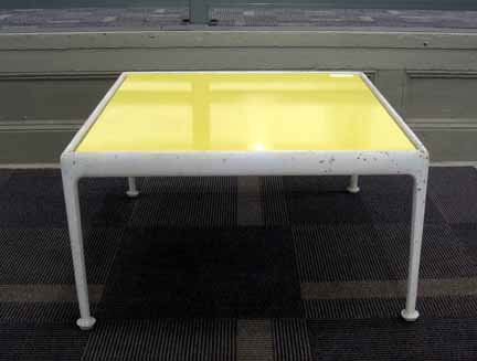 RICHARD SCHULTZ, (AMERICAN B. 1926), Leisure Coll: RICHARD SCHULTZ (AMERICAN B. 1926) Leisure Collection coffee table Designed 1966 for Knoll, enameled aluminum with a yellow top. H: 15 1/2, W: 28, D: 28 in.