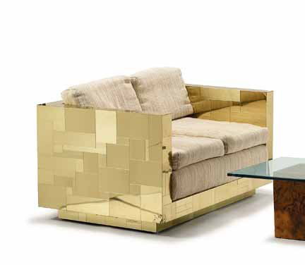 PAUL EVANS, (AMERICAN 1931-1987), Pair of settees: PAUL EVANS (AMERICAN 1931-1987) Pair of settees 1975, brass veneer and upholstered seats and cushions, with Paul Evans Inc. labels. H: 27 1/2, W: 54, D: 33 in. note: This and the following five lots a