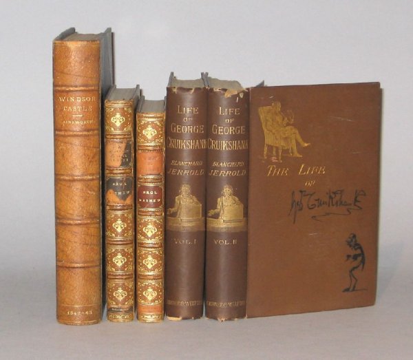 5 vols. George Cruikshank: (Cruikshank, George, il: 5 vols. George Cruikshank: (Cruikshank, George, illustrator.) Ainsworth, William Harrison. Windsor Castle. London, 1842-1843. 8vo, 19th-century 3/4 blue morocco & cloth, gilt; joints & extremities scu