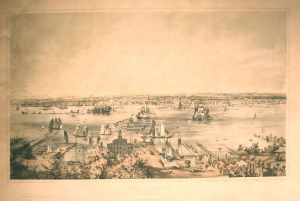 1 piece. Tinted Lithograph. Hill, J.W.; Smith, B.: 1 piece. Tinted Lithograph. Hill, J.W.; Smith, B.F., Jr. Philadelphia from Camden - 1850." 46 x 30 inches; 1168 x 762 mm - full? margins. Light mat burn & toning, light to moderate dust soiling, some