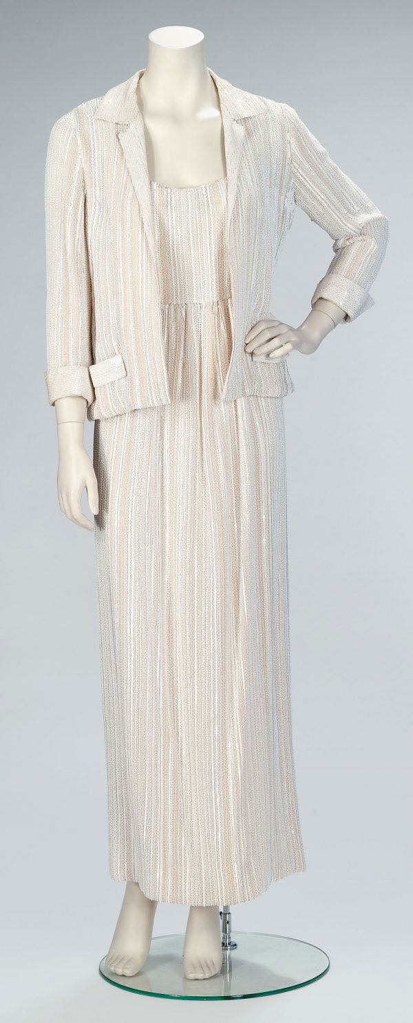 Guy Laroche white beaded evening gown and jacket,: Guy Laroche white beaded evening gown and jacket 1960s-70s Snow white tiny sequins and beads completely covering the sleeveless classic sleeveless column gown and open-front notch-collar jacket. Label