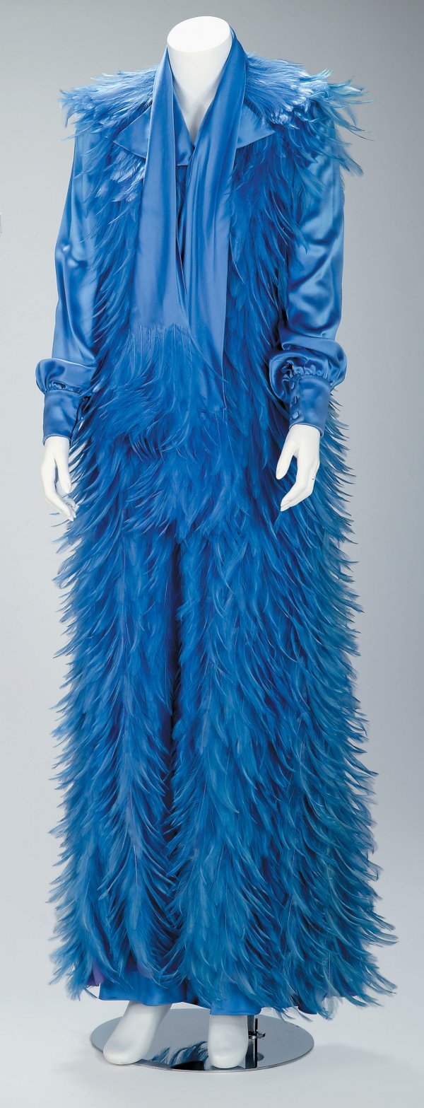 Guy Laroche periwinkle silk and feathered evening: Guy Laroche periwinkle silk and feathered evening pajama ensemble 1970s Silk satin wide-legged pants and long sleeve button-down blouse with a wide feather-trimmed collar, with an ankle-length dyed fe