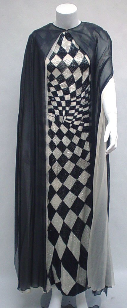 Op-Art black and white sequin gown with chiffon c