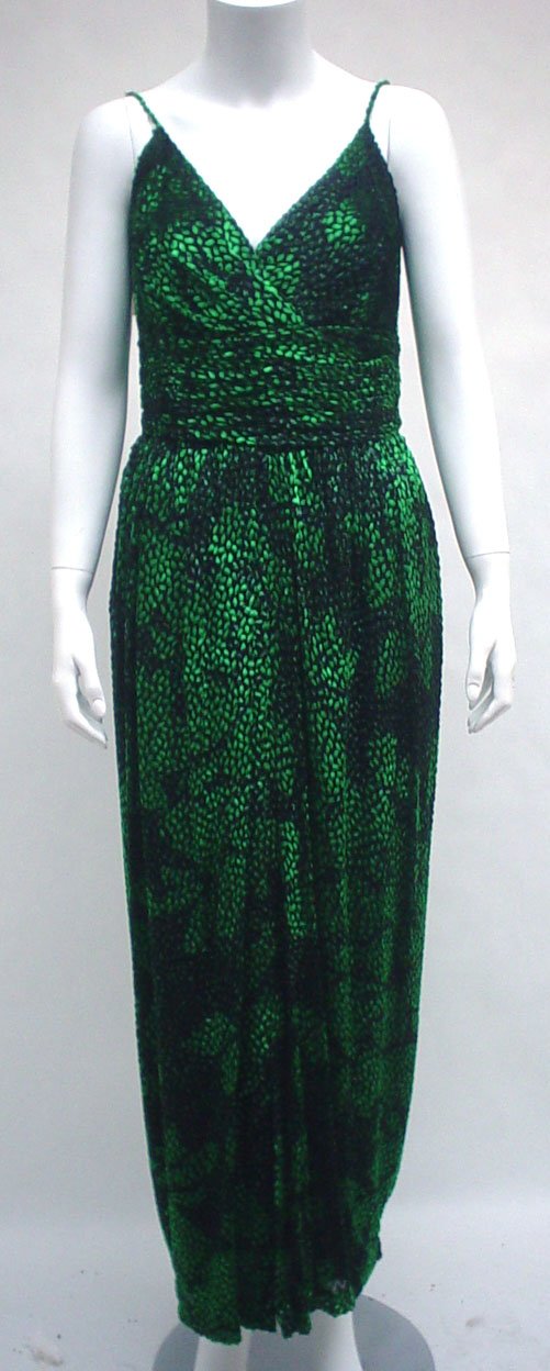 Three Ruben Panis evening ensembles, 1980s, One g: Three Ruben Panis evening ensembles 1980s One green and black flocked silk with ostrich trim; one in black and red silk satin with black sequined slacks; the last a long gown in cream and tan flocked