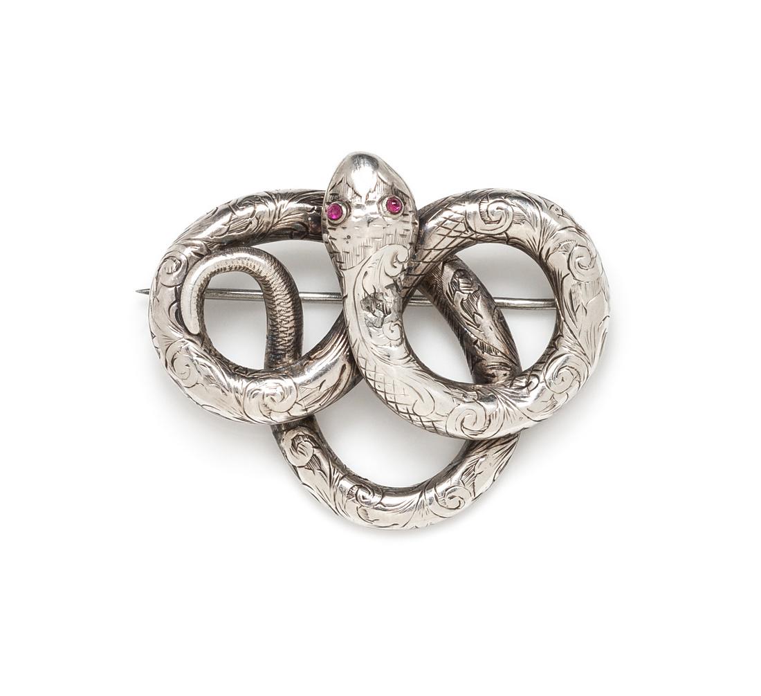 A Victorian Silver and Ruby Coiled Snake Brooch (1 of 1)