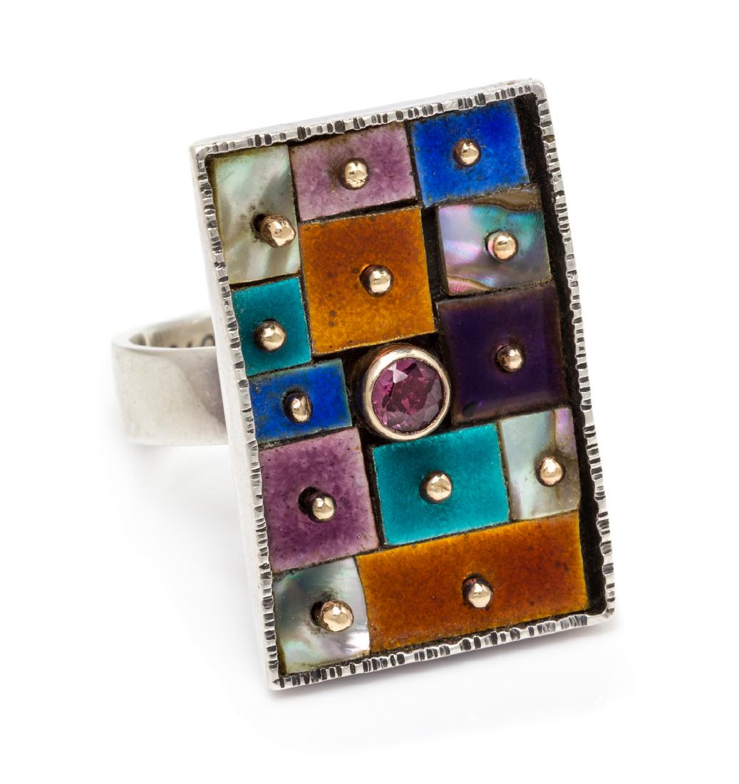 *A Silver, Gold, Gemstone and Polychrome Enamel Ring, (1 of 1)