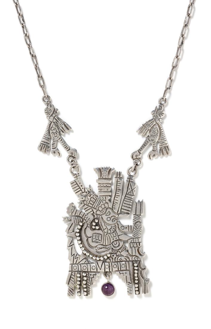 A Silver and Amethyst Warrior Motif Necklace, Serafin: A Sterling Silver and Amethyst Warrior Motif Necklace, Serafin Moctezuma, consisting of a central carved design of a warrior on a throne with granular accents and suspending one round cabochon cut ame