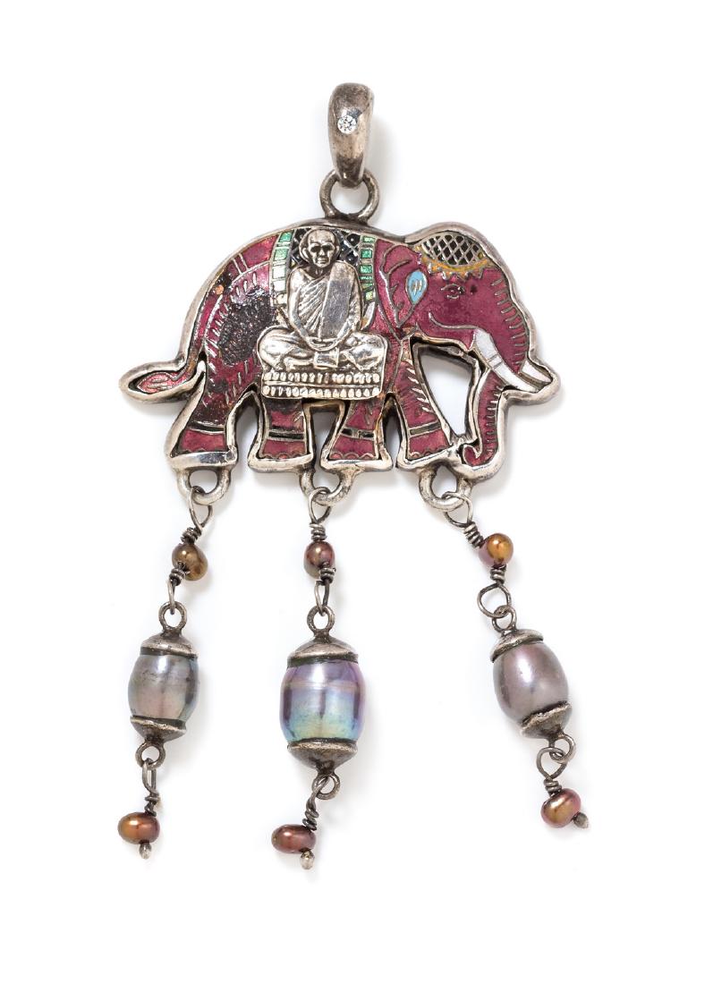 *A Silver, Metal, Enamel and Cultured Pearl Pendant,: A Sterling Silver, Metal, Polychrome Enamel and Cultured Pearl Pendant, Barry Brinkman, consisting of an elephant motif plaque embellished with polychrome enamel and surmounted with a silver buddha im
