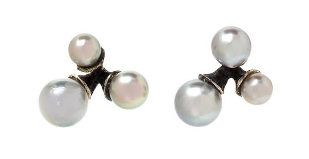 *A Pair of Silver and Cultured Akoya Pearl Earrings,: A Pair of Sterling Silver and Cultured Akoya Pearl Earrings, John Iversen, consisting of a jacks style design containing six pearls measuring approximately 4.16-6.33 mm in diameter. 1.70 dwts. Propert