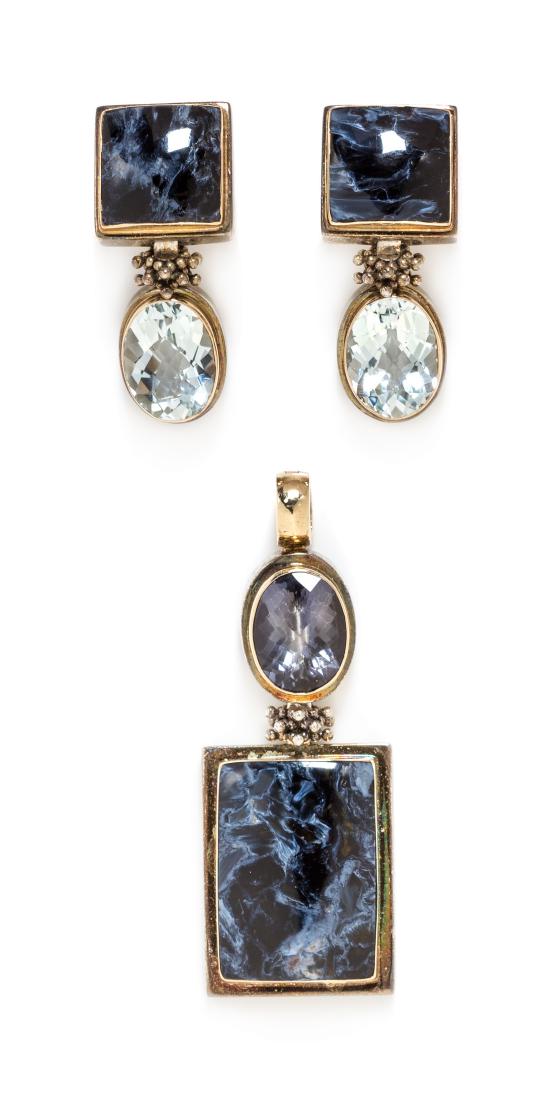 *A Collection of Lolite, Aquamarine and Blue Hardstone: A Collection of Iolite, Aquamarine and Blue Hardstone Jewelry, Michael Dawkins, consisting of a pair of earclips containing two oval mixed cut aquamarine and two square bufftop blue hardstone, togethe