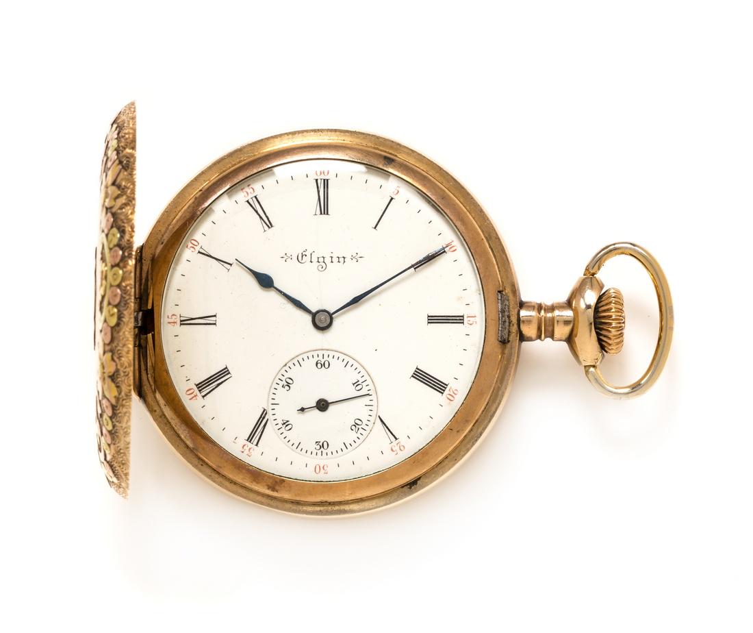 A Tricolor Gold Filled Hunter Case Pocket Watch, Elgin (1 of 3)