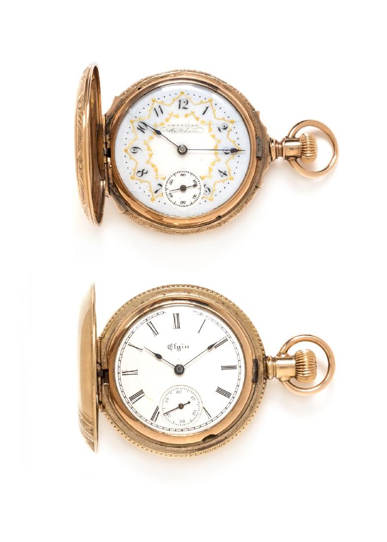 A Collection of Gold Filled Hunter Case Pocket Watches: A Collection of Gold Filled Hunter Case Pocket Watches, Elgin and American Waltham, Circa 1898 and 1889, consisting of a pocket watch, circa 1898, 36.00 mm case diameter, white single-sunk dial signed