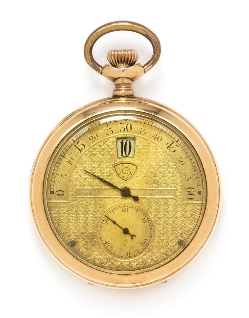 A Jump Hour Retrograde Pocket Watch, Modernista: A Gold Filled Jump Hour Retrograde Open Face Pocket Watch, Modernista, 48.00 mm case diameter, engine turned silvered dial with MS monogram, Arabic numerals, steel hands, minute arch between 9 and 3 o