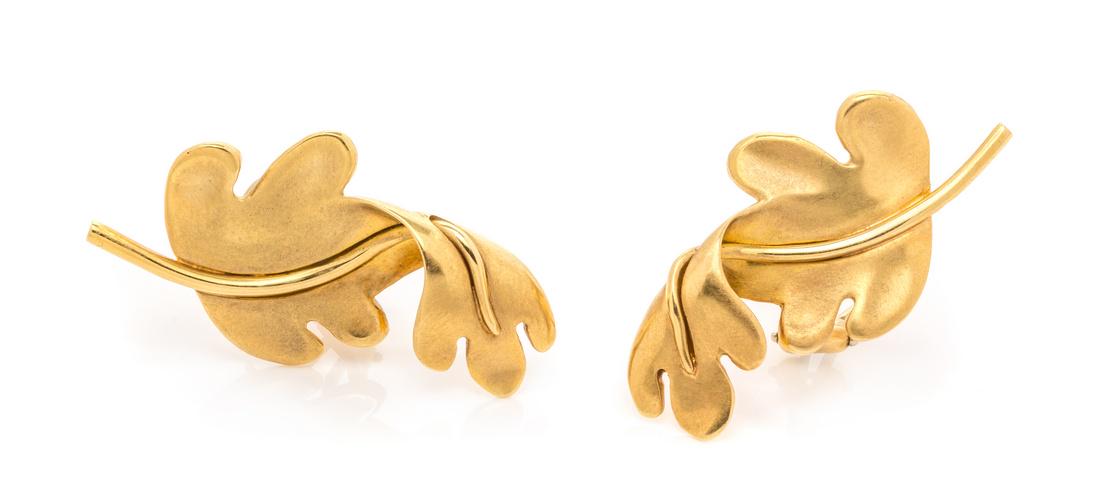 *A Pair of 18 Karat Yellow Gold Leaf Motif Earclips, (1 of 1)