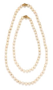 *A Vintage 18 Karat Bicolor Gold and Cultured Pearl: A Vintage 18 Karat Bicolor Gold and Cultured Pearl Convertible Necklace, Mario Buccellati, consisting of two sections that can be worn as separate necklaces or combined, consisting of one necklace con