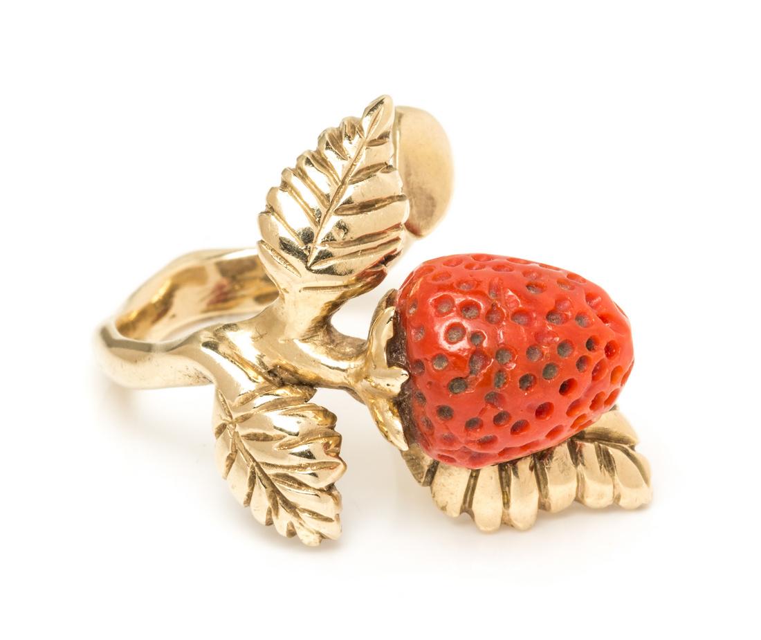 A 14 Karat Yellow Gold and Carved Coral Strawberry (1 of 1)