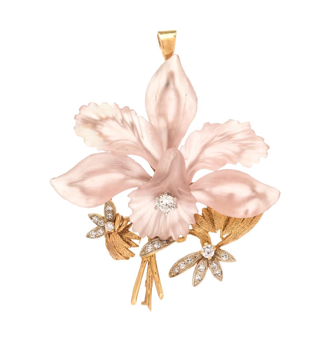 A 14 Karat Yellow Gold, Rose Quartz and Diamond Orchid (1 of 1)