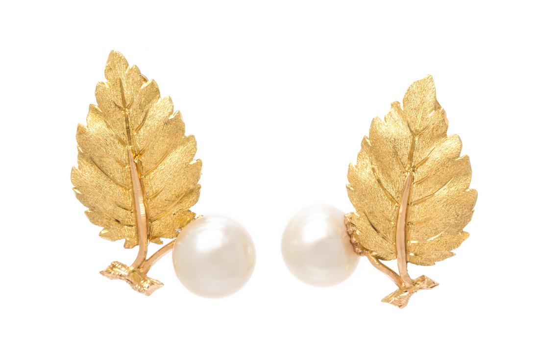 *A Pair of 18 Karat Yellow Gold and Cultured Pearl Leaf (1 of 1)
