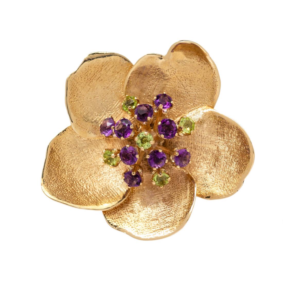 A Yellow Gold, Amethyst, and Peridot Flower Brooch, (1 of 1)
