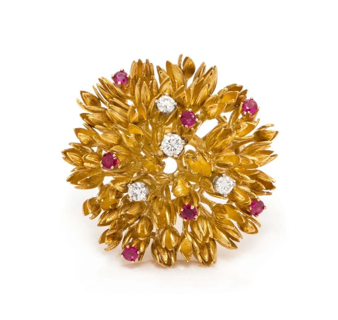 An 18 Karat Yellow Gold, Diamond and Ruby Floral (1 of 1)